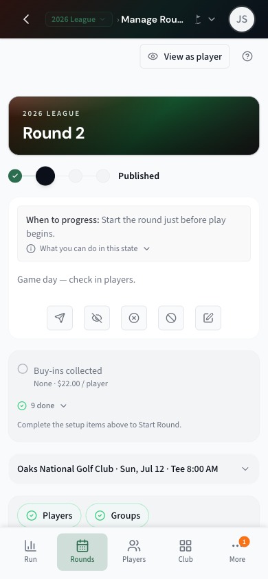 ScoringHQ — mobile manage-round view with round status, a buy-in checklist, tee time, and players and groups