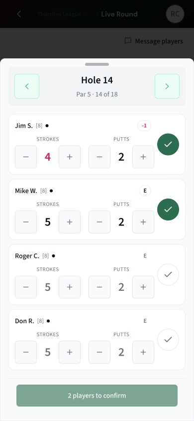 ScoringHQ — mobile score entry mid-round with stroke and putt spinners